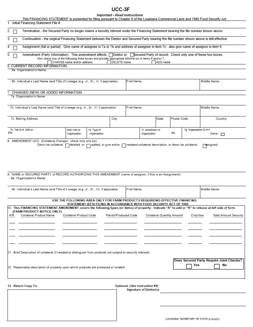 UCC Financing Statement Amendment (Pursuant To Chapter 9 Of The Commercial Laws) {UCC3F} | Pdf Fpdf Doc Docx | Louisiana