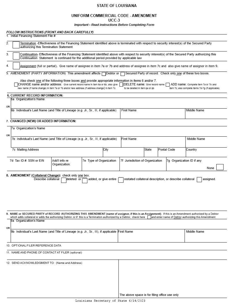 UCC-3 Financing Statement Amendment (Louisiana Version) {UCC3} | Pdf Fpdf Doc Docx | Louisiana