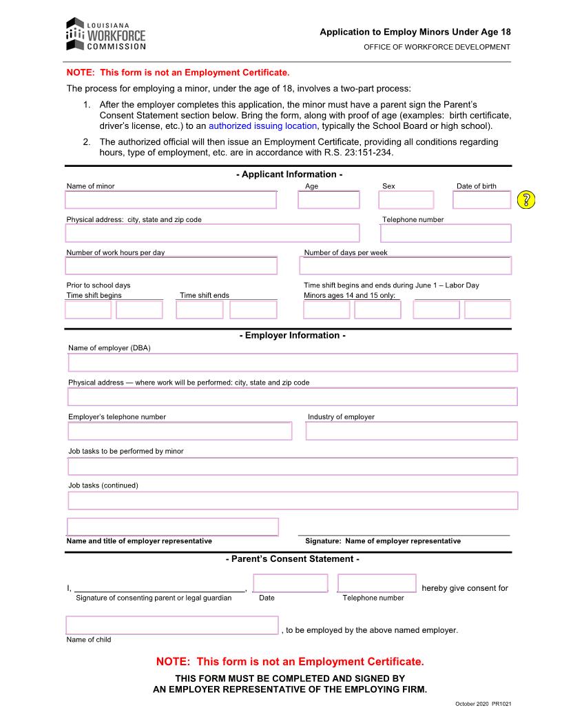 Application To Employ Minors Under Age 18 {PR1021} | Pdf Fpdf Docx | Louisiana