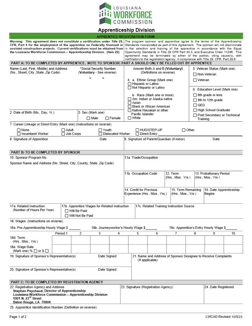 Apprenticeship Division Apprentice Registration Form | Pdf Fpdf Docx | Louisiana