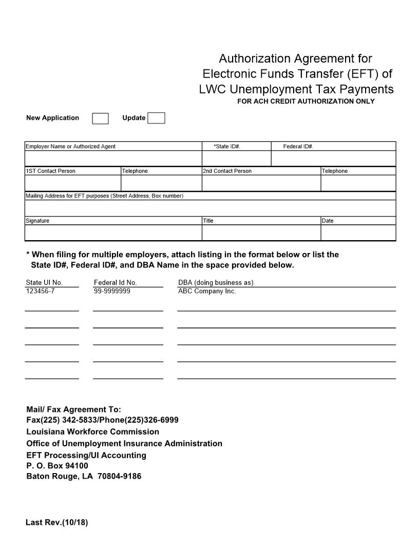 Authorization Agreement For Electronic Funds Transfer (EFT) Unemployment Tax Payments | Pdf Fpdf Docx | Louisiana