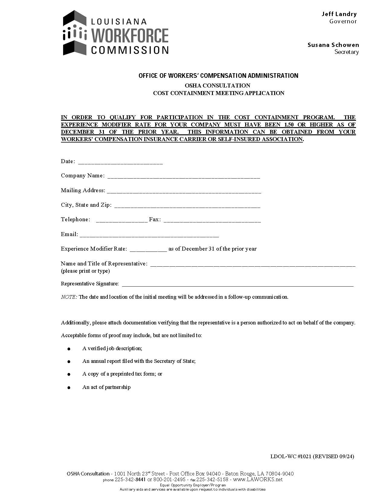 Cost Containment Meeting Application {WC-1021} | Pdf Fpdf Doc Docx | Louisiana