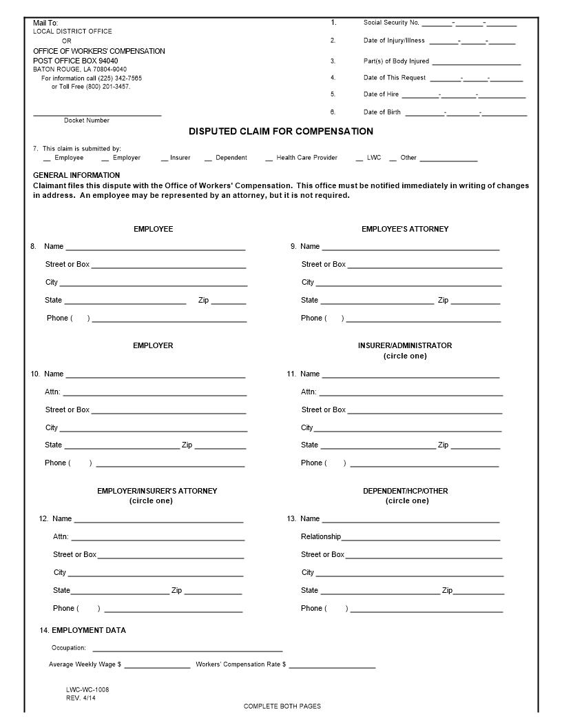 Disputed Claim For Compensation {WC-1008} | Pdf Fpdf Doc Docx | Louisiana