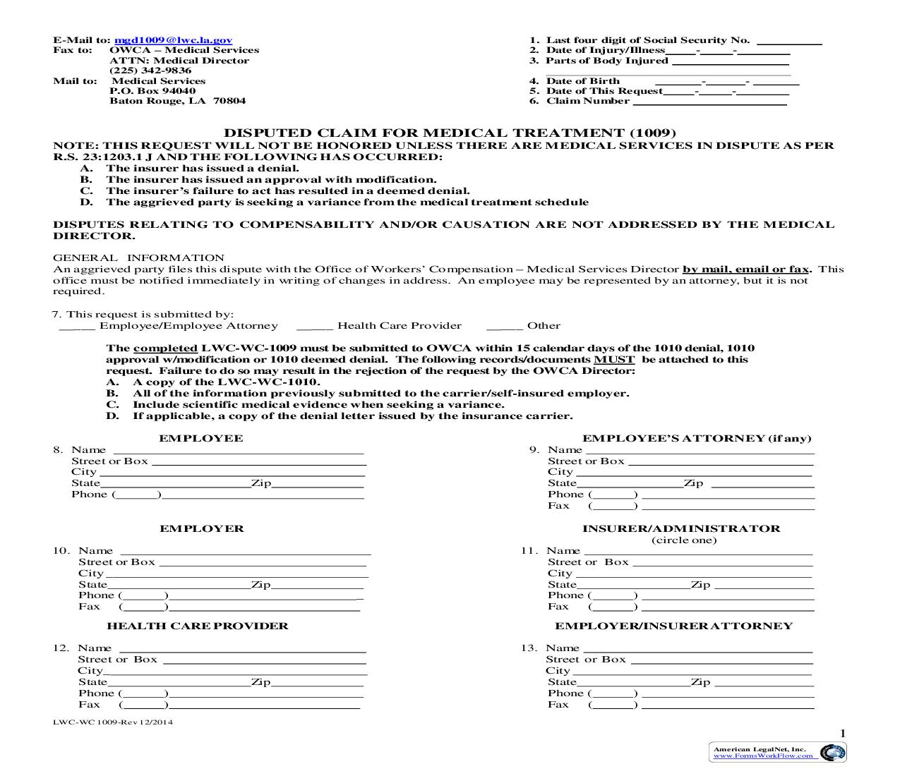 Disputed Claim For Medical Treatment {WC-1009} | Pdf Fpdf Doc Docx | Louisiana