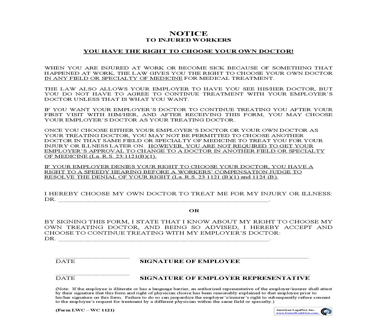 Doctor Choice Form {WC-1121} | Pdf Fpdf Doc Docx | Louisiana
