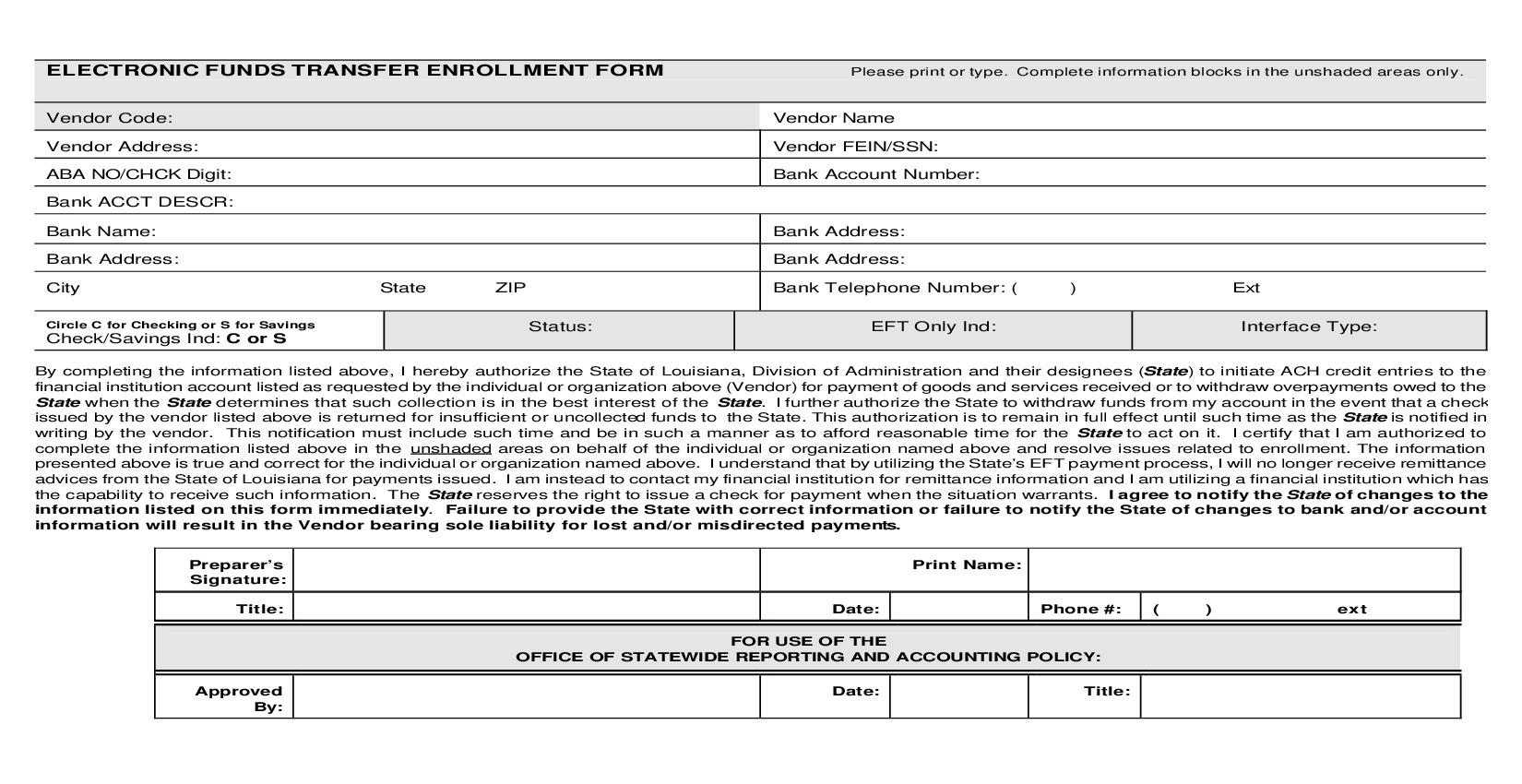 Electronic Funds Transfer Enrollment Form | Pdf Fpdf Doc Docx | Louisiana