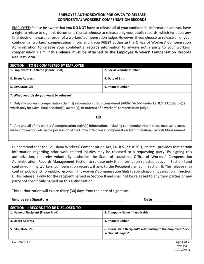 Employee Authorization To Release Confidential WC Records {WC-1151} | Pdf Fpdf Docx | Louisiana