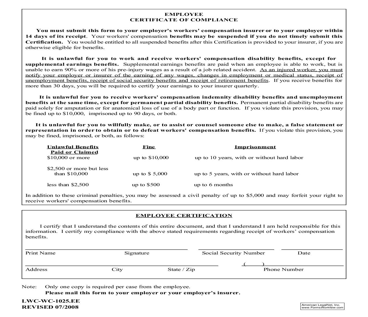 Employee Certificate Of Compliance {WC-1025.EE} | Pdf Fpdf Doc Docx | Louisiana