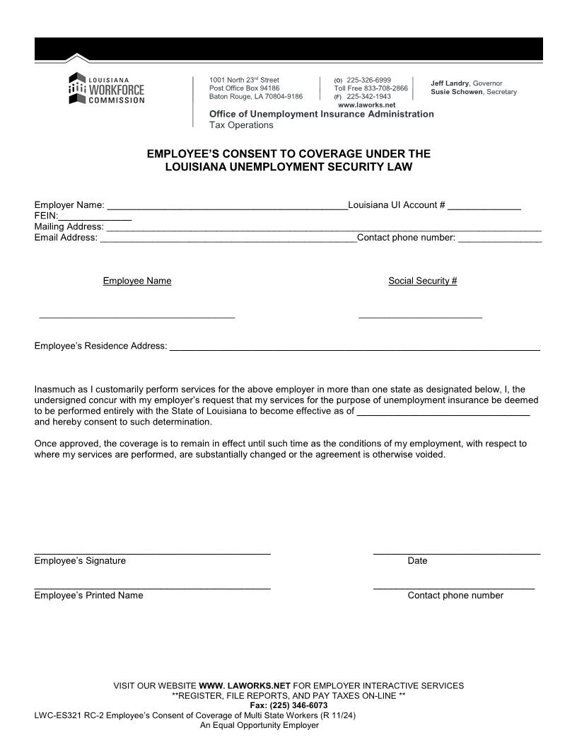 Employees Consent To Coverage Under Employment Security Law {ES321-RC2} | Pdf Fpdf Docx | Louisiana