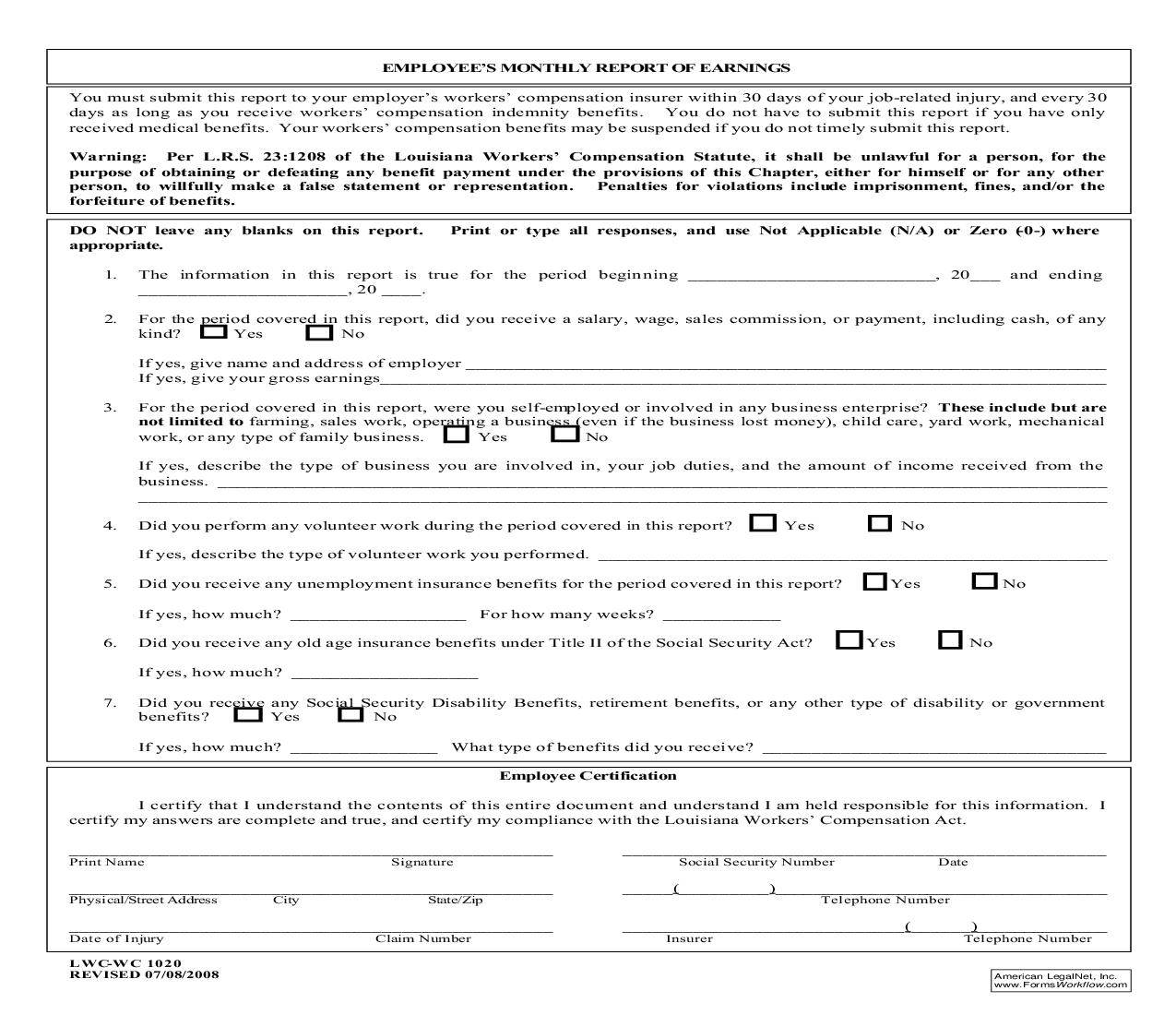 Employees Monthly Report Of Earnings {WC-1020} | Pdf Fpdf Doc Docx | Louisiana