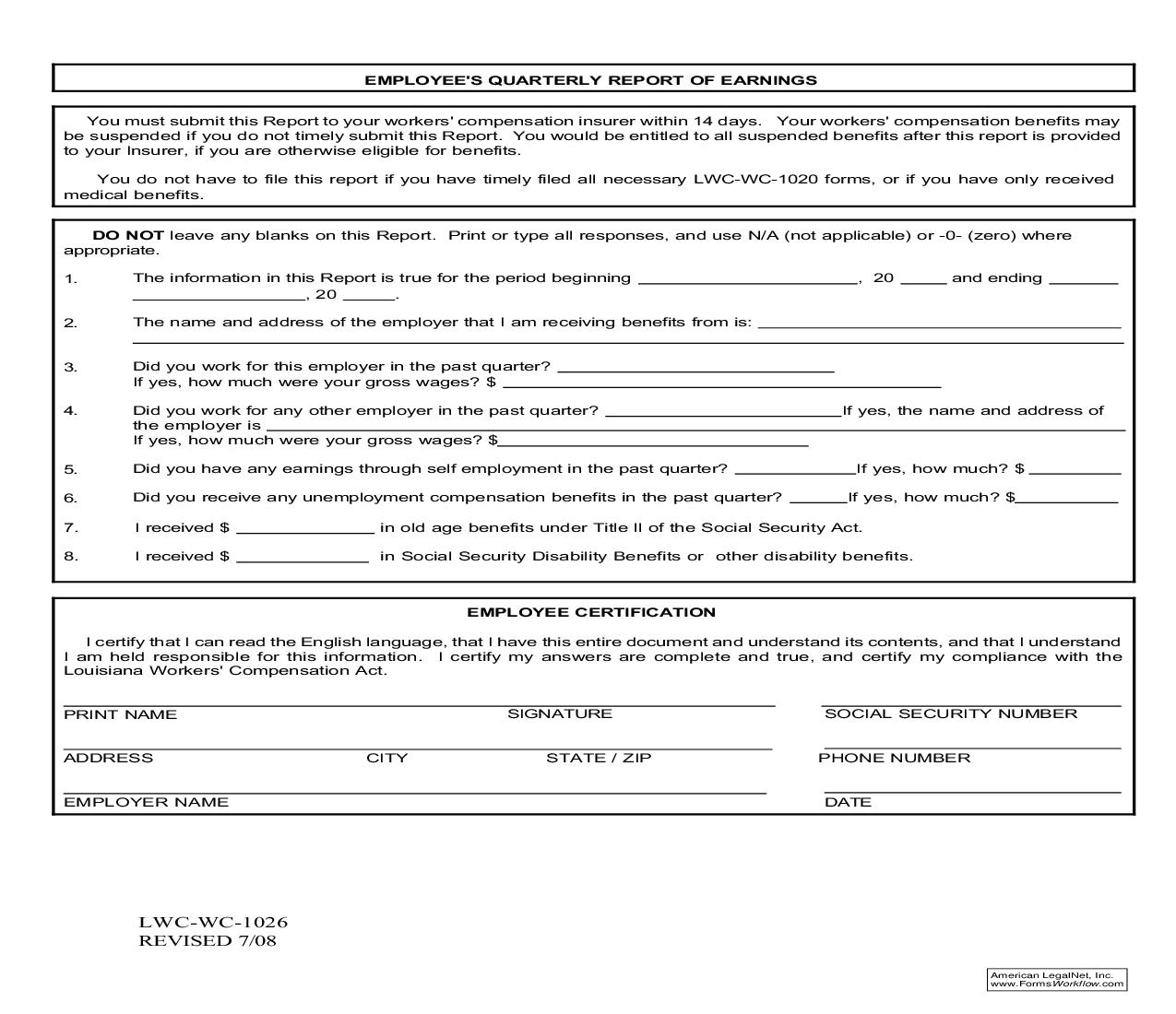 Employees Quarterly Report Of Earnings {WC-1026} | Pdf Fpdf Doc Docx | Louisiana