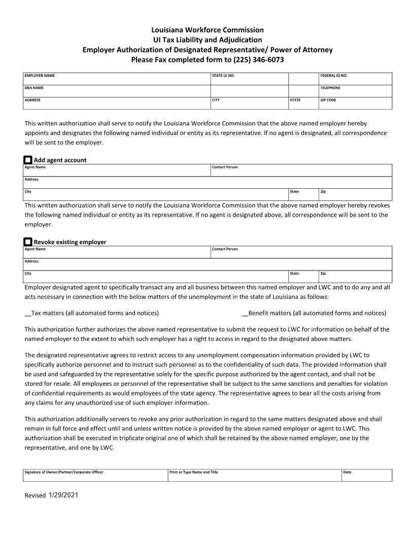Employer Authorization Of Designated Representative-Power Of Attorney (Tax Liability) | Pdf Fpdf Docx | Louisiana