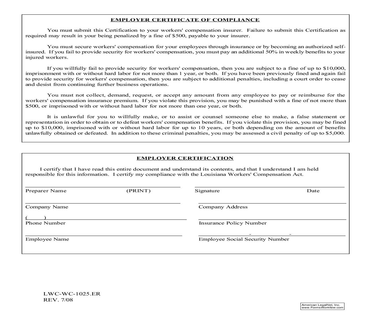 Employer Certificate Of Compliance {WC-1025.ER} | Pdf Fpdf Doc Docx | Louisiana