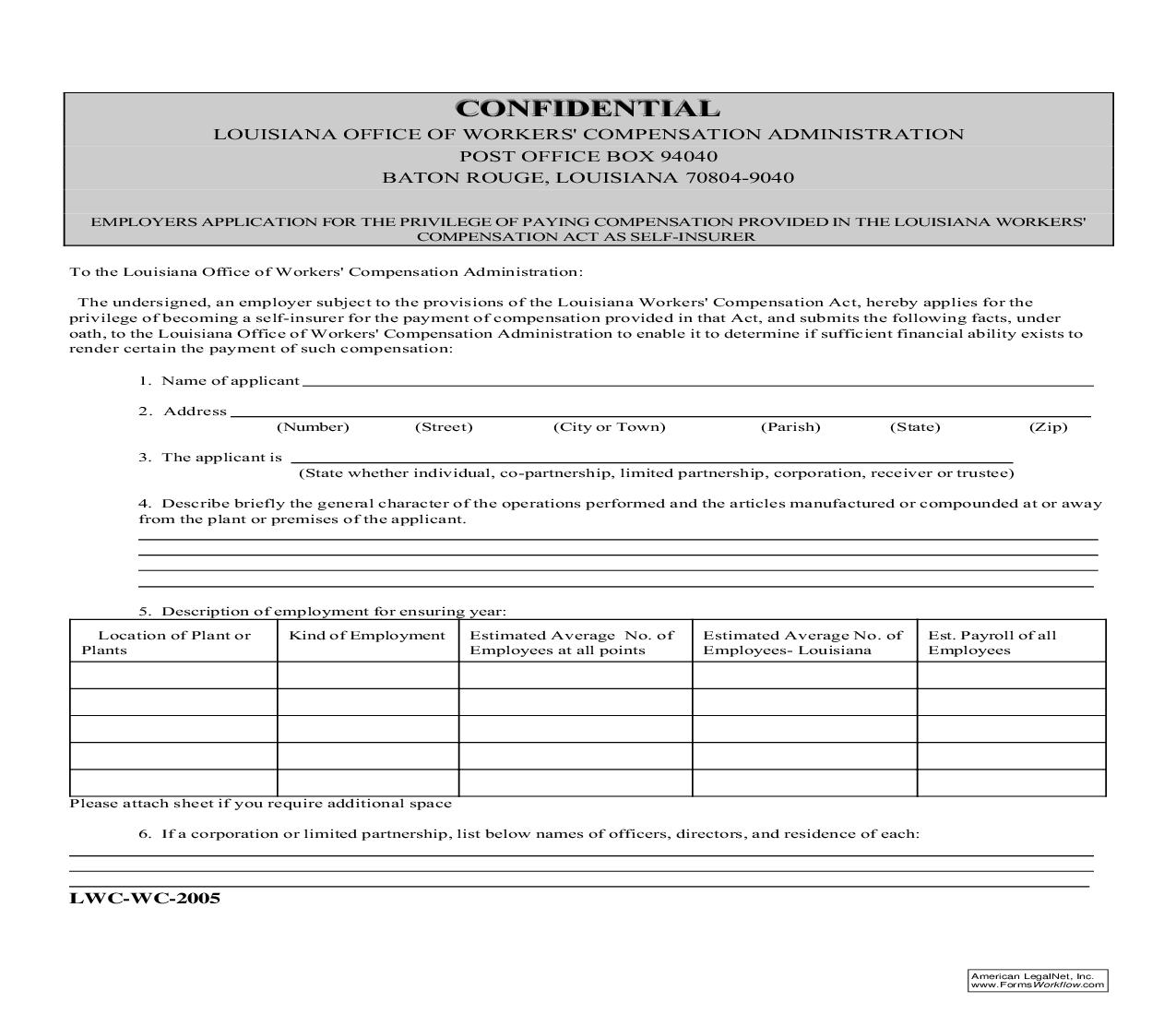 Employers Application For The Privilege Of Paying Compensation As Self Insurer {WC 2005} | Pdf Fpdf Doc Docx | Louisiana