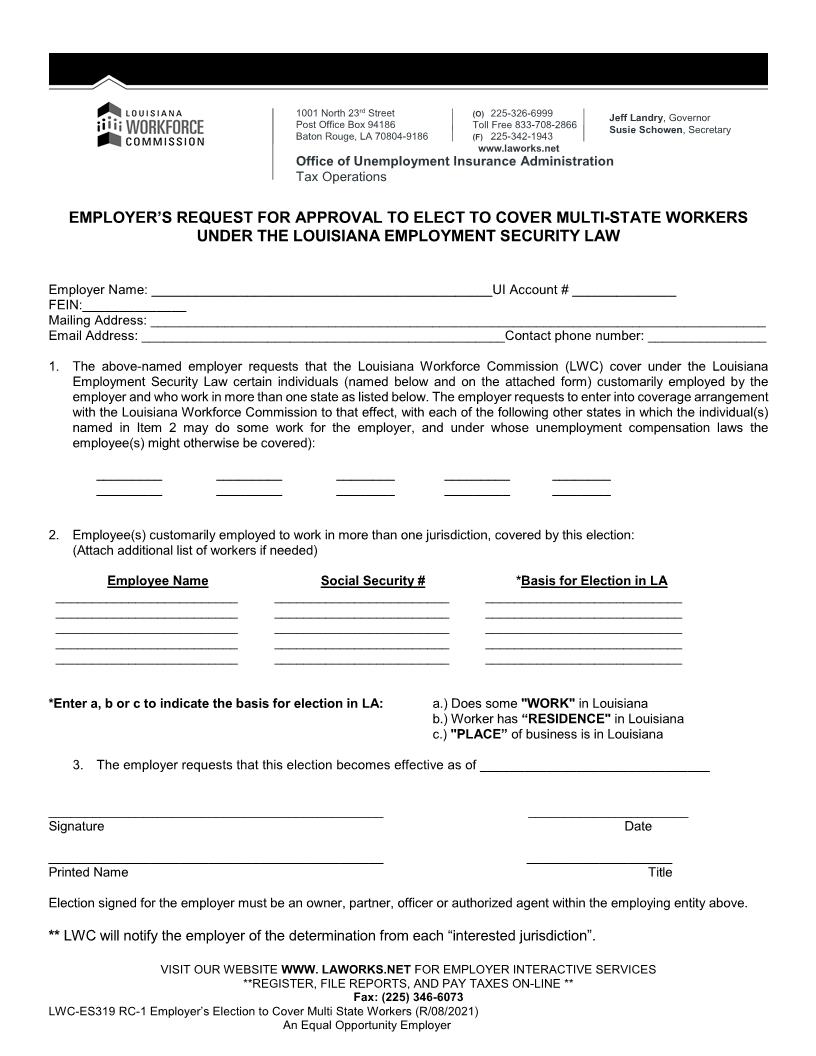Employers Request To Cover Multi-State Workers Under Employment Security Law {ES319 RC-1} | Pdf Fpdf Docx | Louisiana