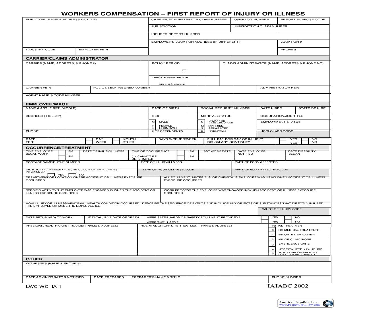 First Report Of Injury Or Illness {IA-1Form} | Pdf Fpdf Doc Docx | Louisiana