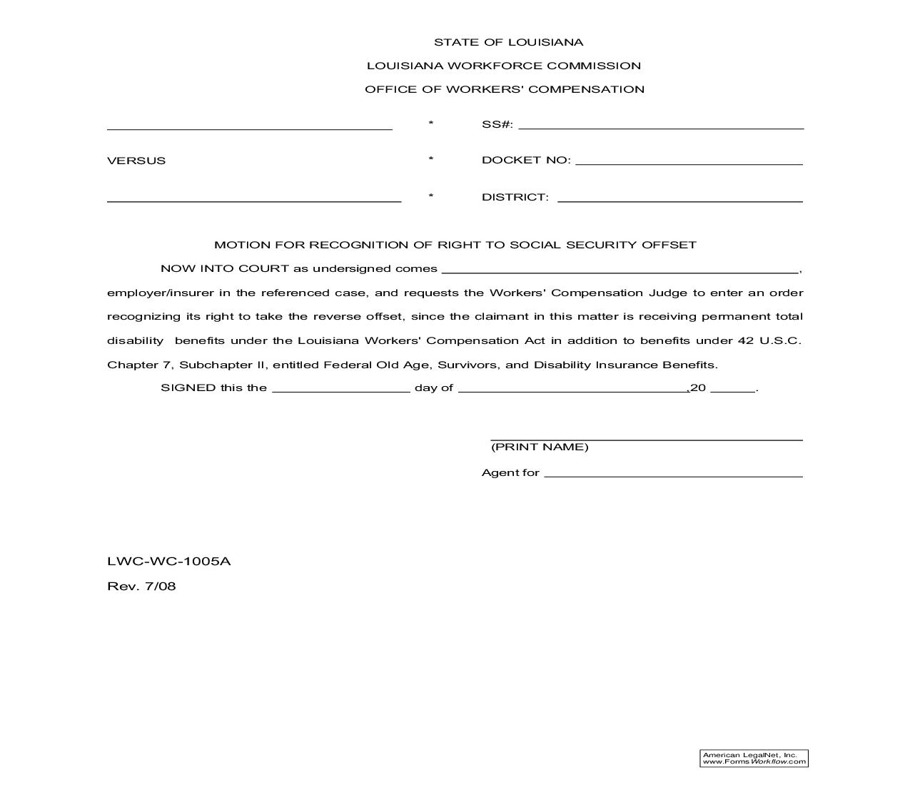 Motion For Recognition Of Right To Social Security Offset {WC-1005A} | Pdf Fpdf Doc Docx | Louisiana