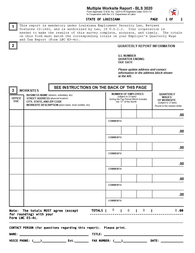 Multiple Worksite Report {BLS 3020} | Pdf Fpdf Docx | Louisiana