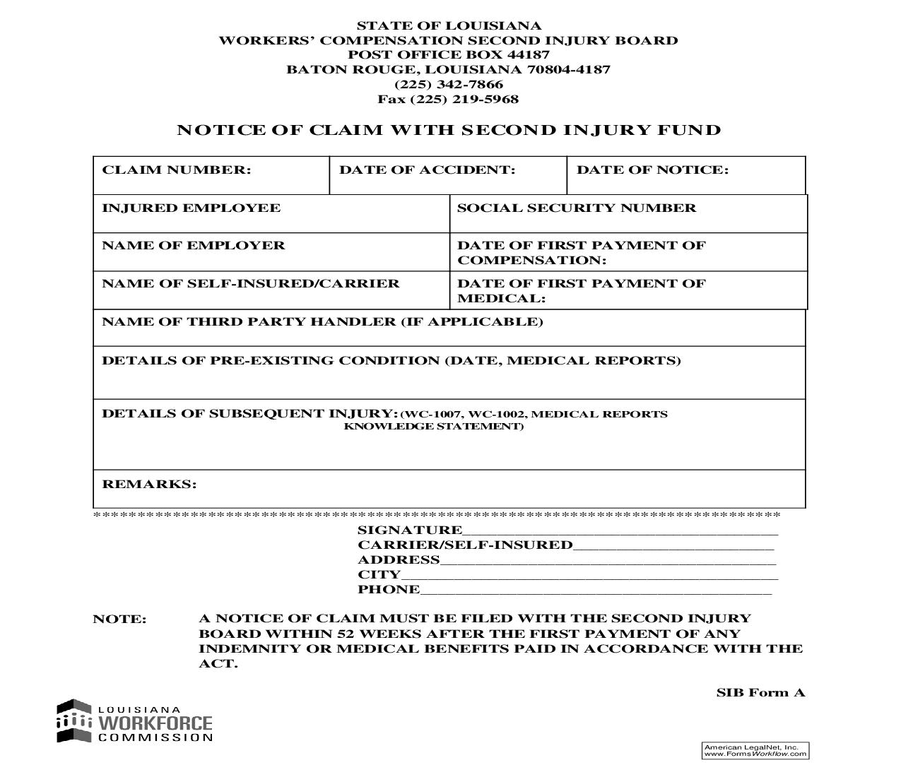 Notice Of Claim Against Second Injury Fund {SIB-A} | Pdf Fpdf Doc Docx | Louisiana