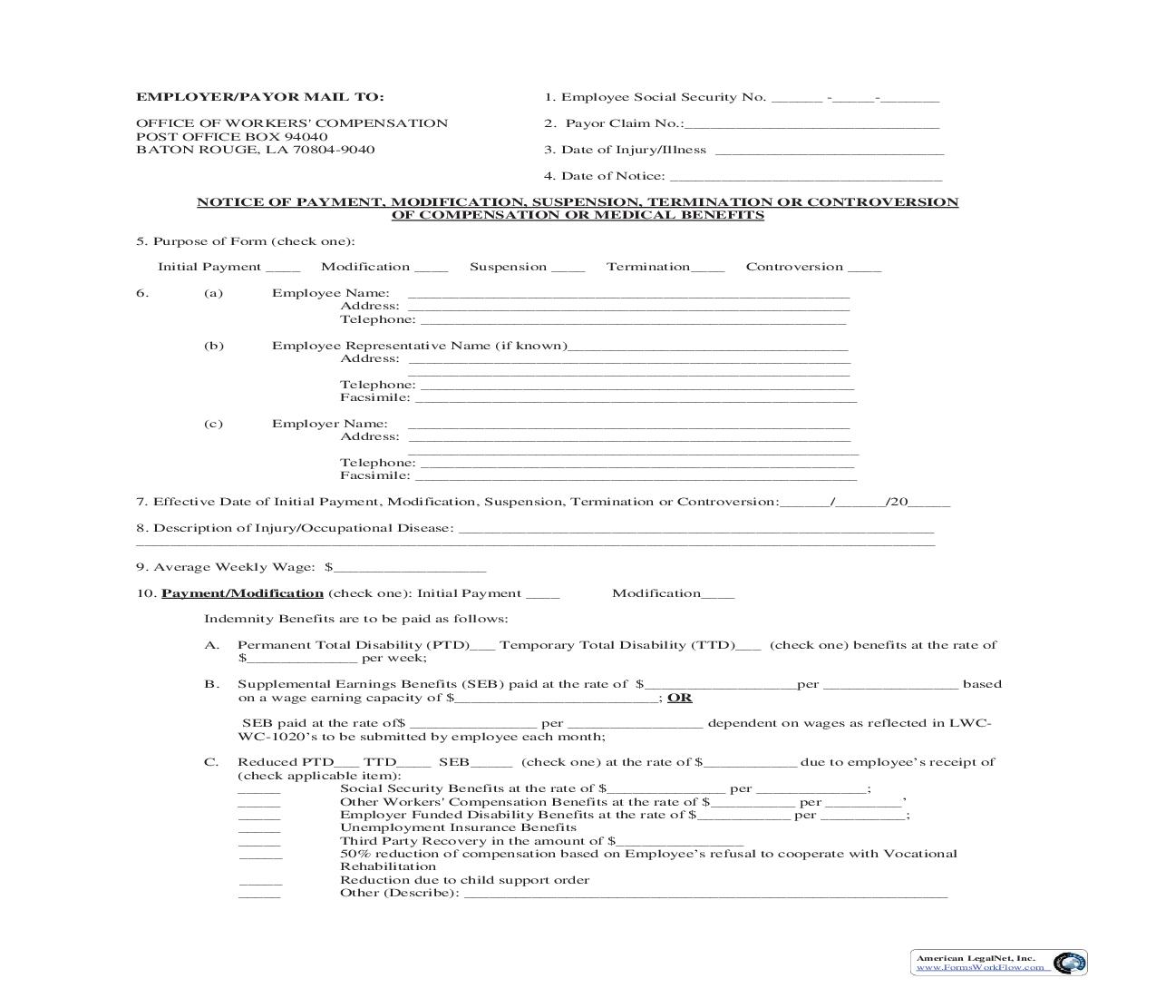 Notice Of Payment Modification Suspension Termination Or Controversion Of Compensation Of Medical Benefits {WC-1002} | Pdf Fpdf Doc Docx | Louisiana