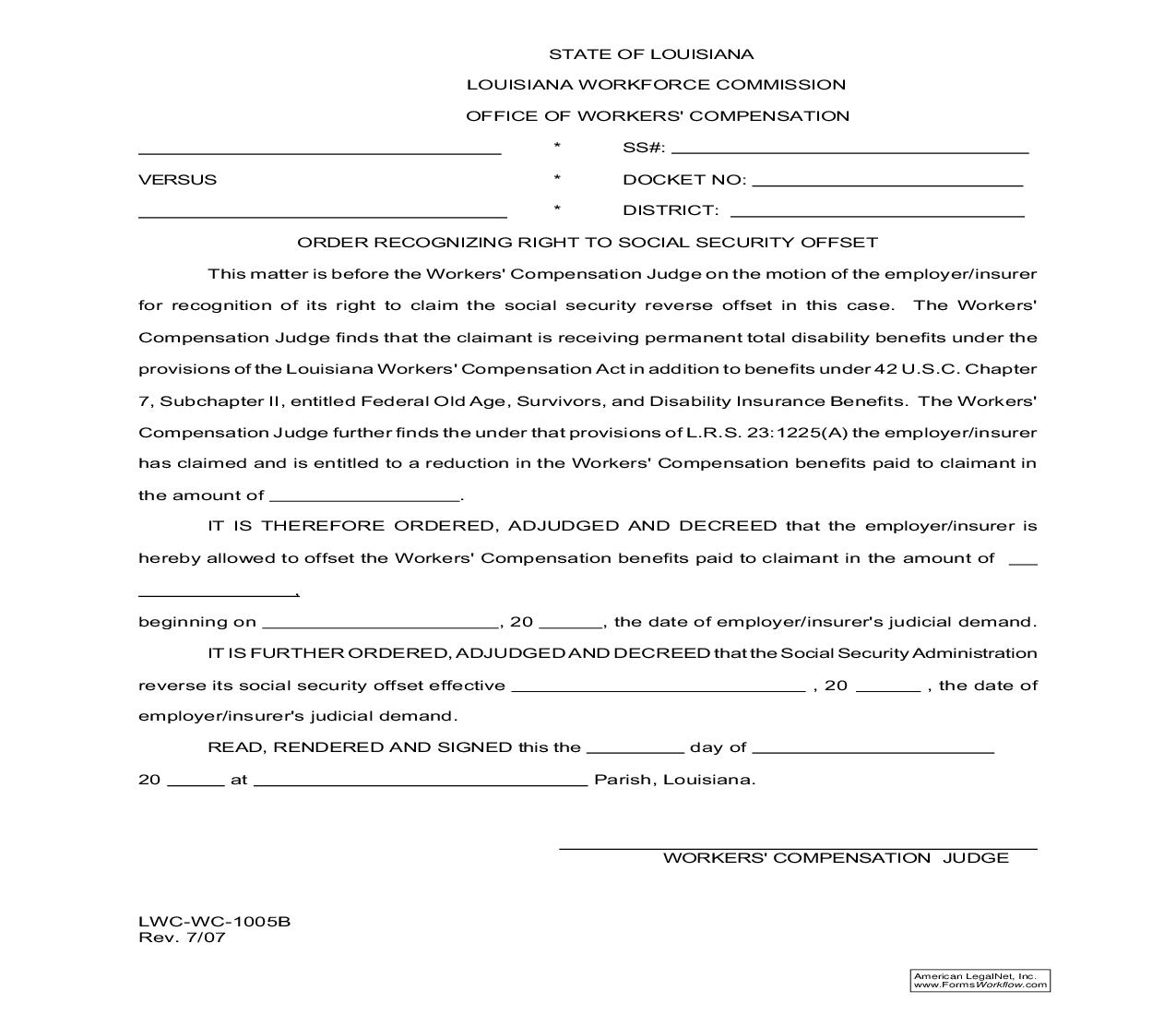 Order Recognizing Right To Social Security Offset {WC-1005B} | Pdf Fpdf Doc Docx | Louisiana