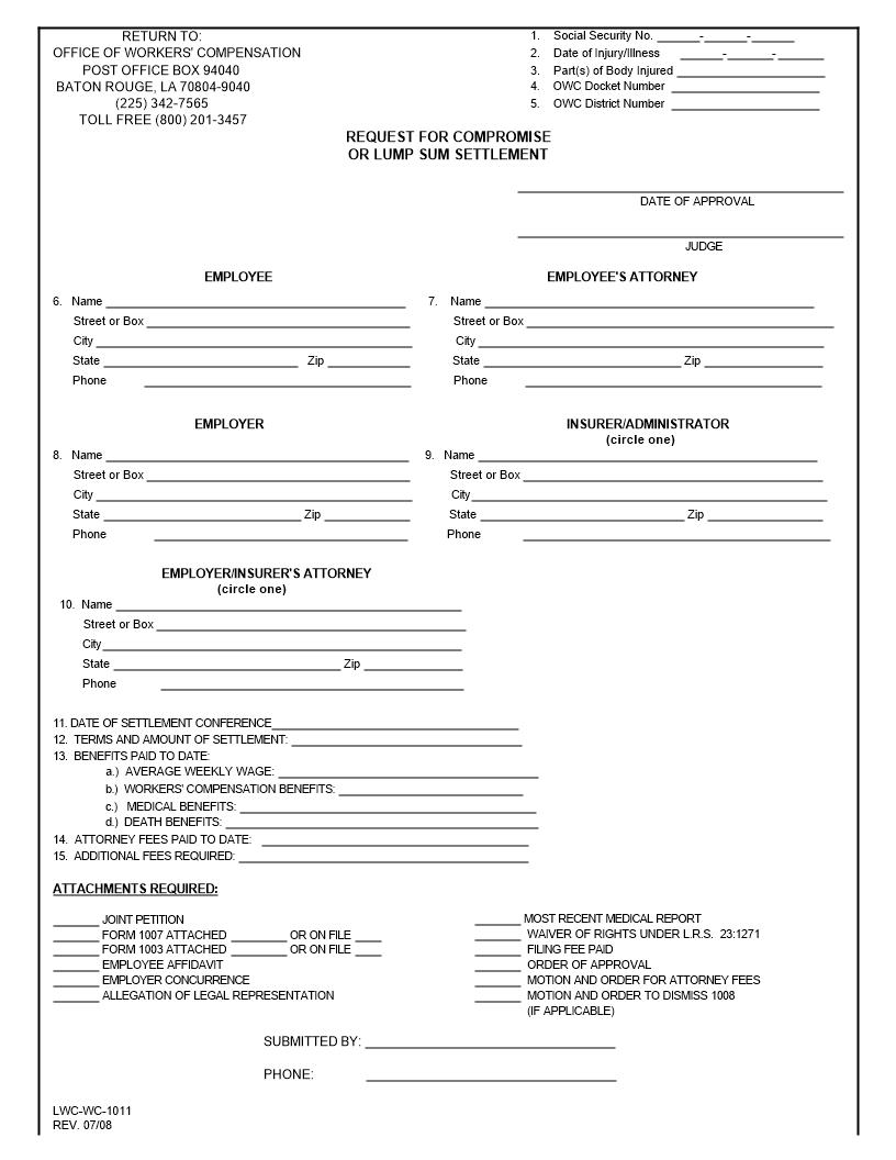 Request For Compromise Or Lump Sum Settlement {WC-1011} | Pdf Fpdf Docx | Louisiana
