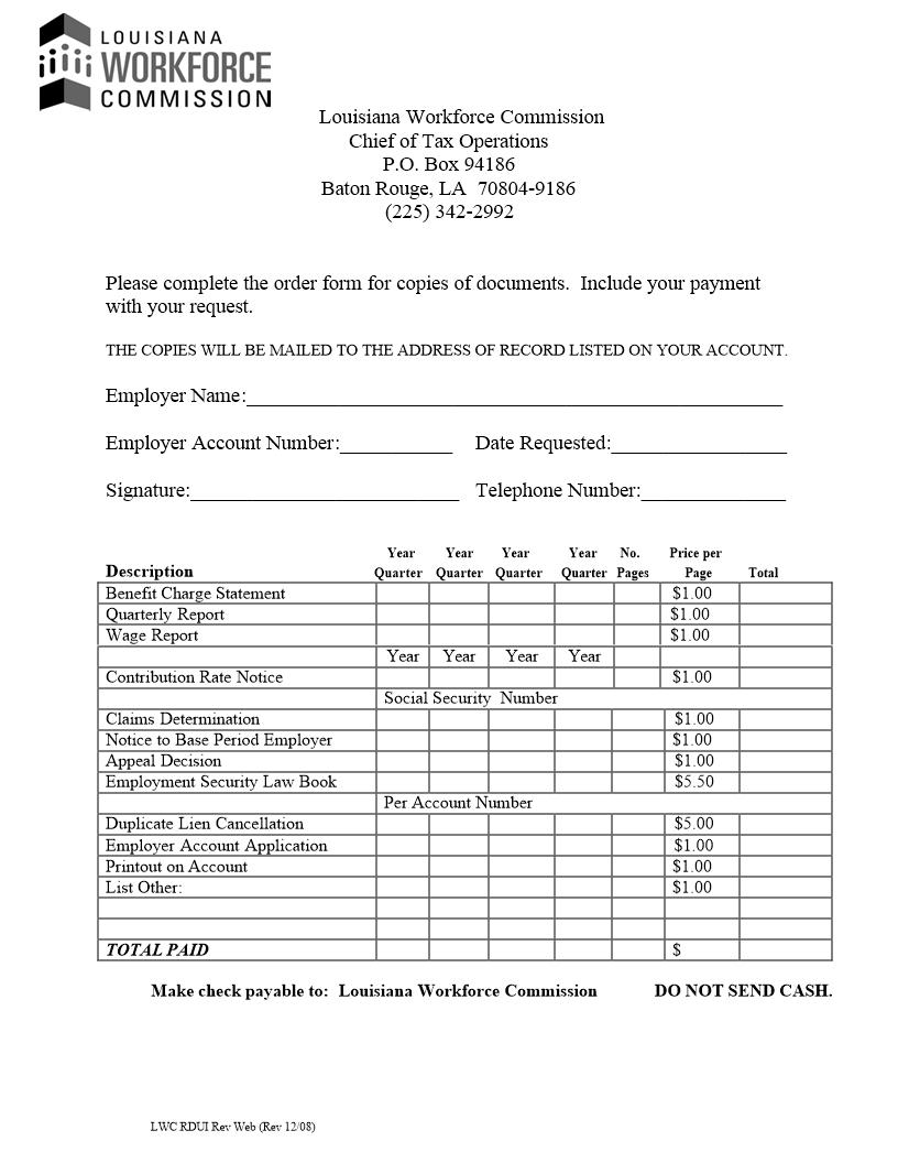 Request For Duplicate Documents (Unemployment Insurance) {LWC RDUI} | Pdf Fpdf Docx | Louisiana