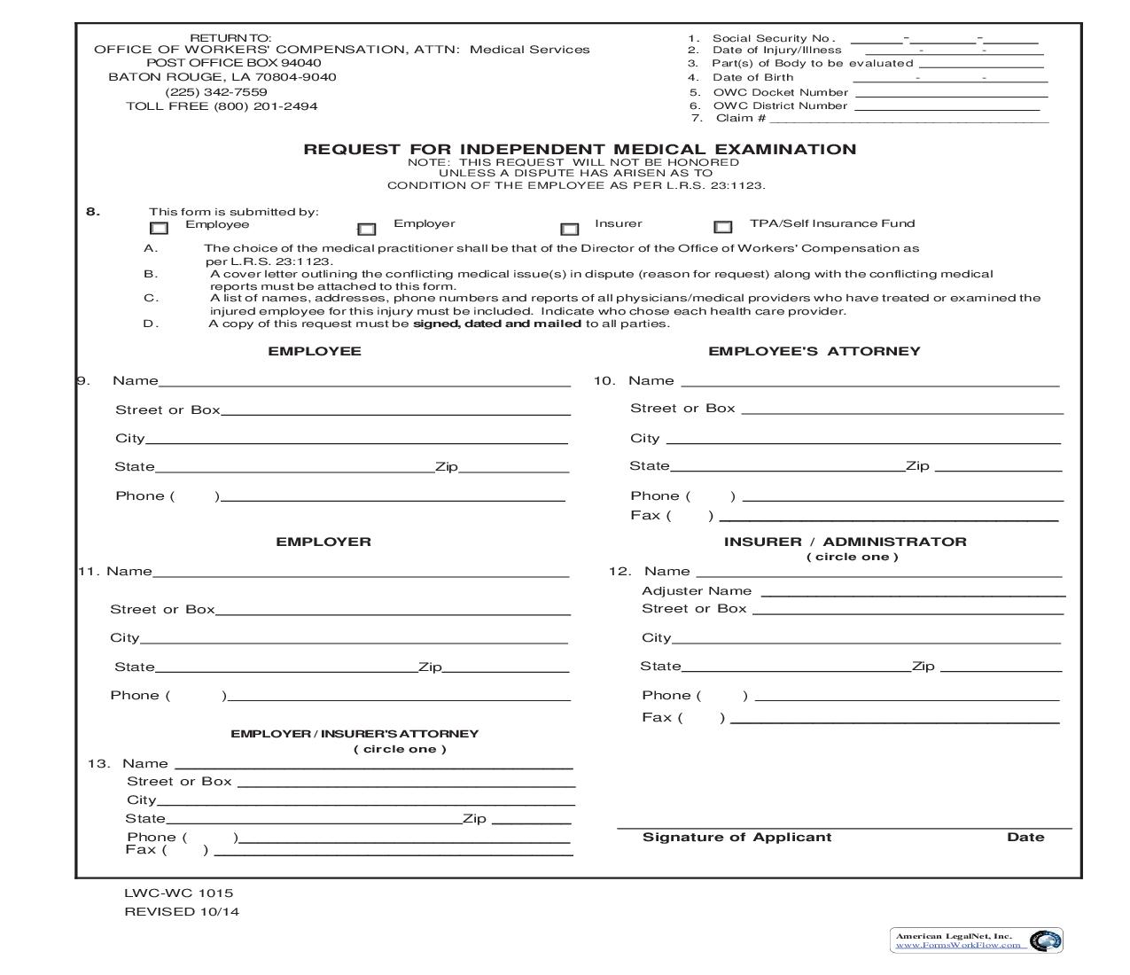 Request For Independent Medical Examination {WC 1015} | Pdf Fpdf Doc Docx | Louisiana