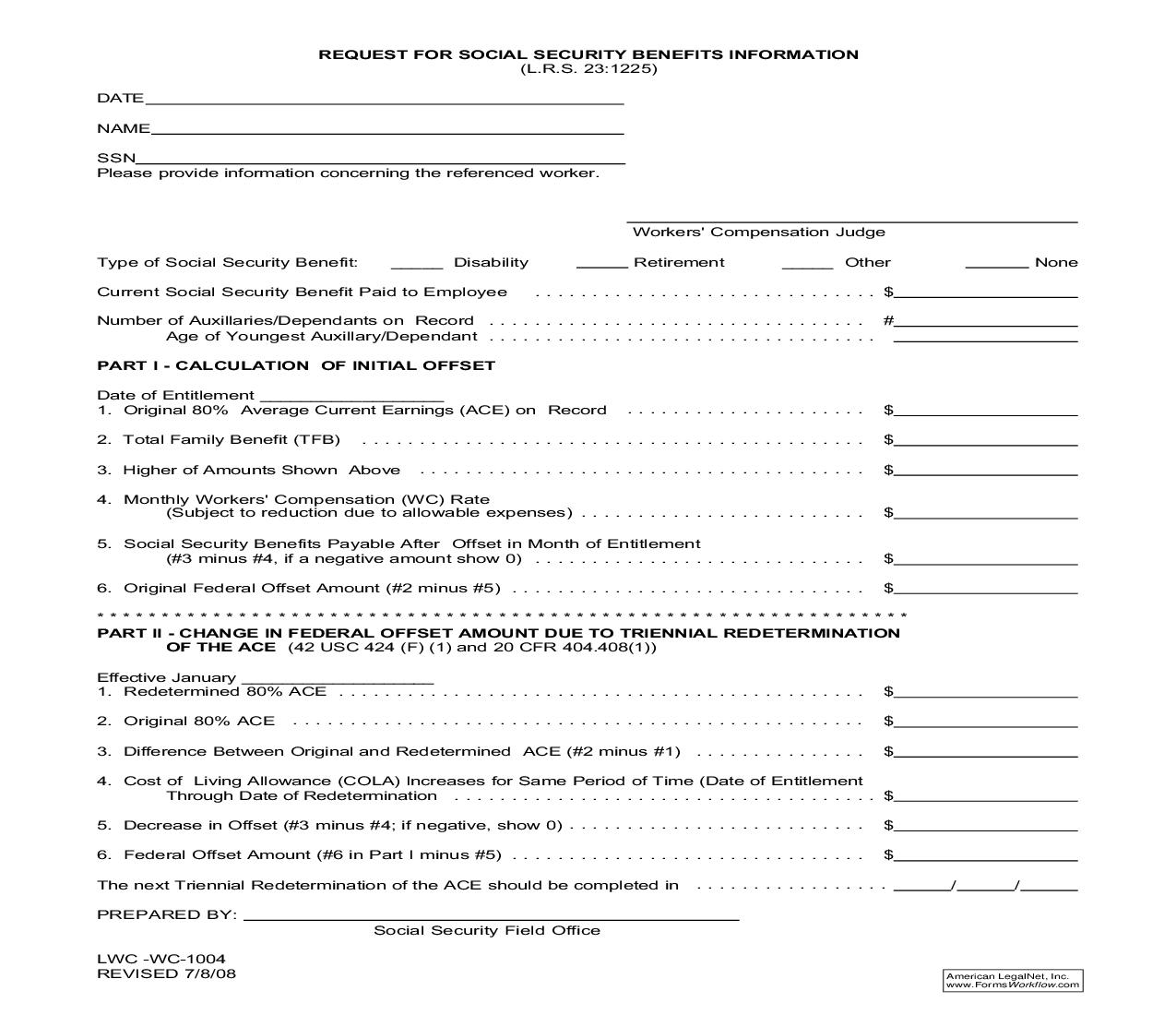 Request For Social Security Benefits Information {WC-1004} | Pdf Fpdf Doc Docx | Louisiana