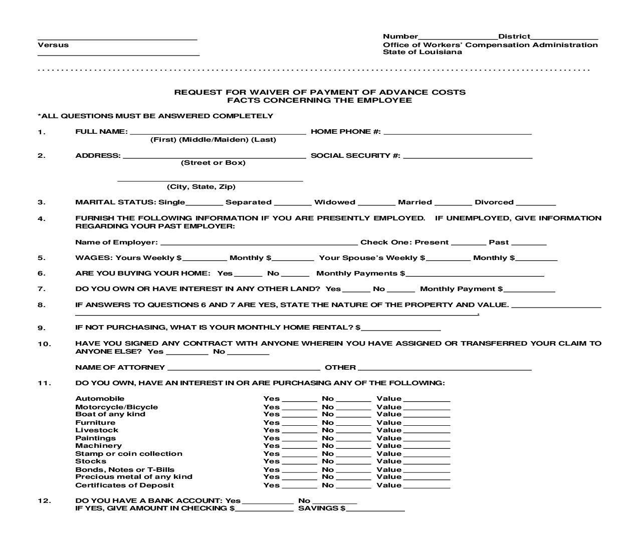 Request For Waiver Of Payment Of Advance Cost Facts Concerning The Employee | Pdf Fpdf Doc Docx | Louisiana