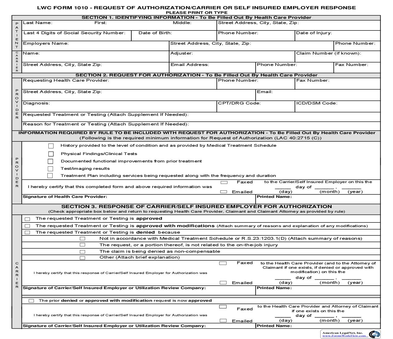 Request Of Authorization Carrier Or Self Insured Employer Response {WC-1010} | Pdf Fpdf Doc Docx | Louisiana