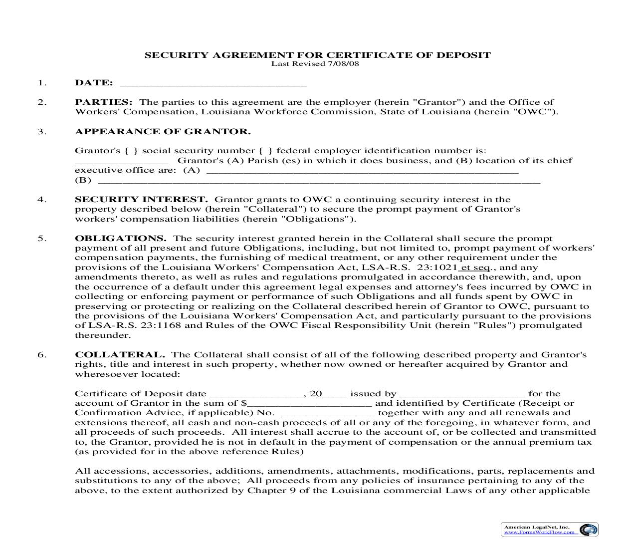Security Agreement For Certificate Of Deposit And Notice Of Security Interest | Pdf Fpdf Doc Docx | Louisiana