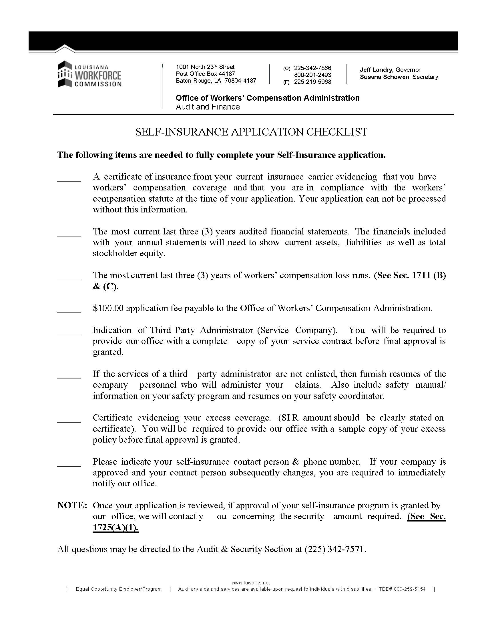 Self-Insurance Application Checklist | Pdf Fpdf Doc Docx | Louisiana