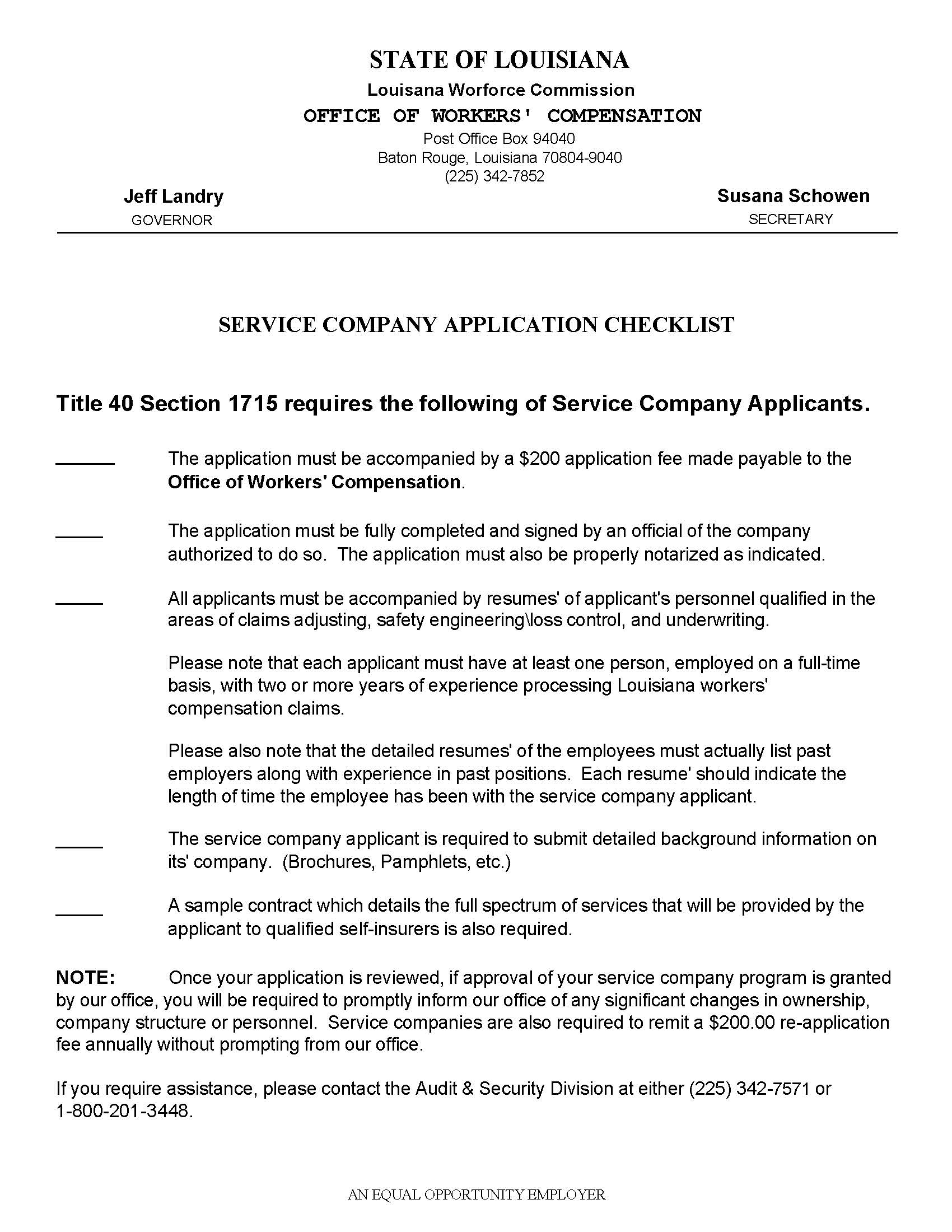 Service Company Application Checklist | Pdf Fpdf Doc Docx | Louisiana