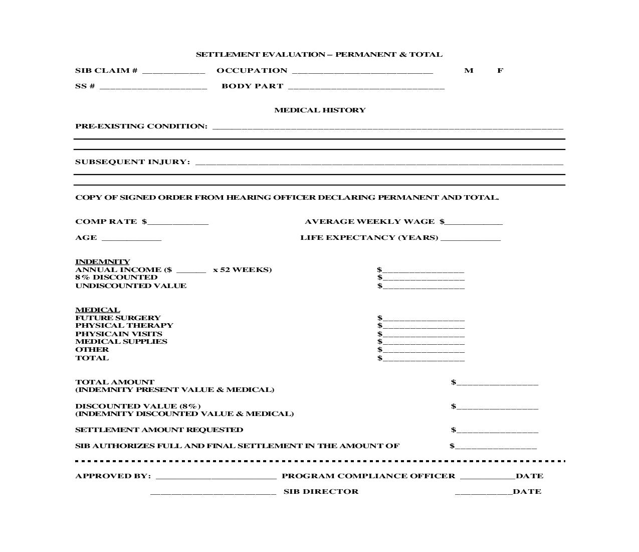 Settlement Evaluation Permanent And Total | Pdf Fpdf Doc Docx | Louisiana