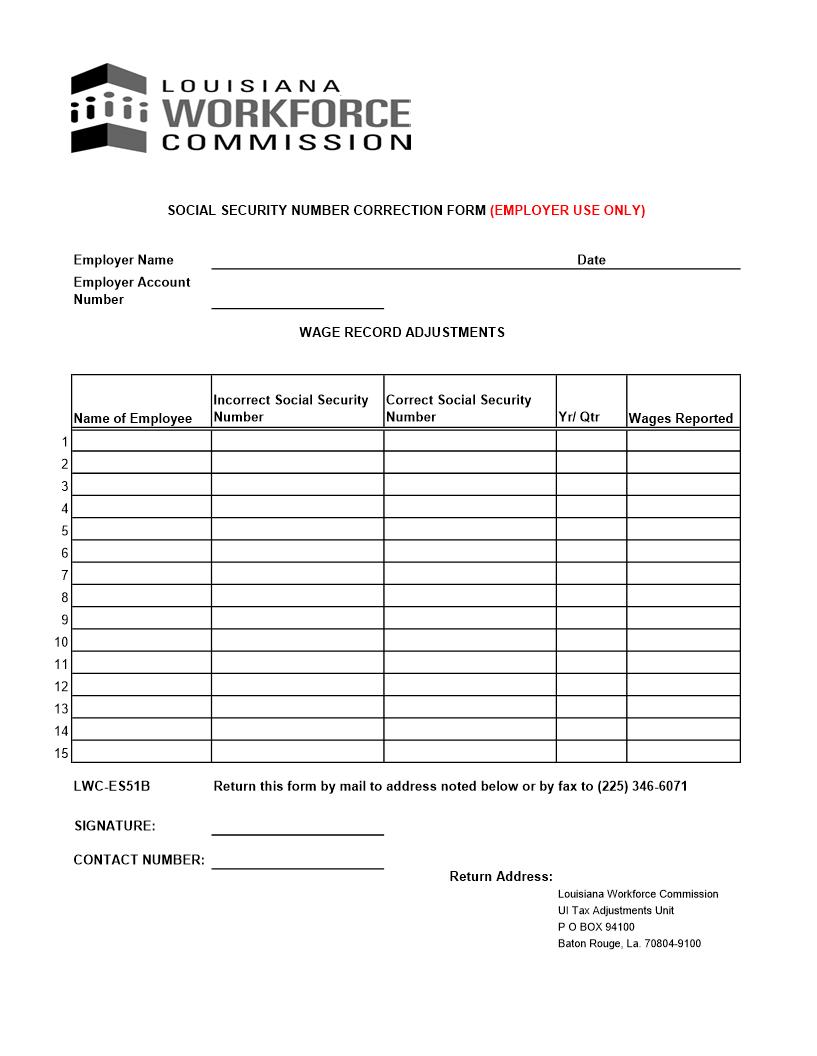 Social Security Nunmber Correction Form (Employer) {ES51B} | Pdf Fpdf Docx | Louisiana