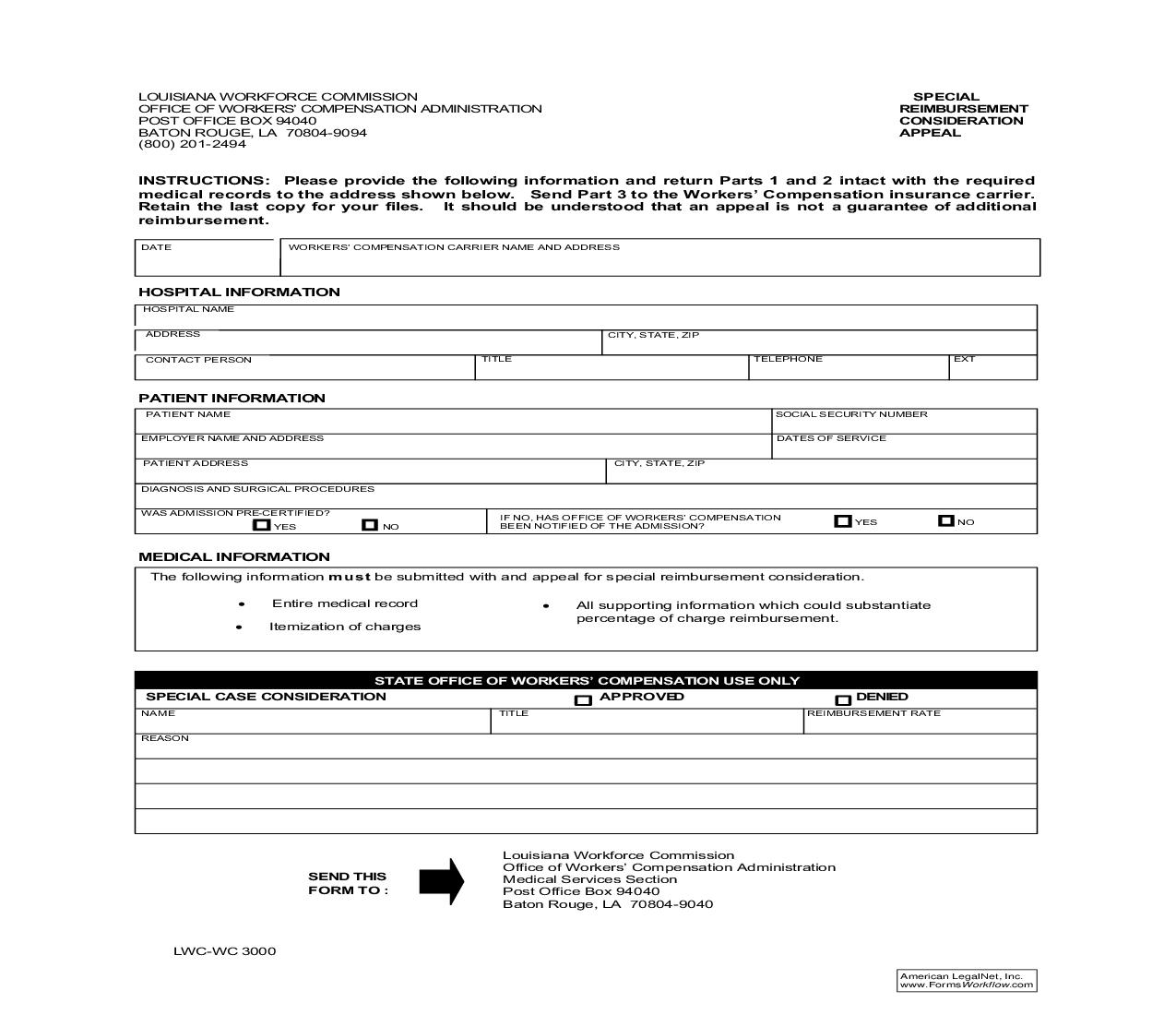 Special Reimbursement Consideration Appeal {WC-3000} | Pdf Fpdf Doc Docx | Louisiana