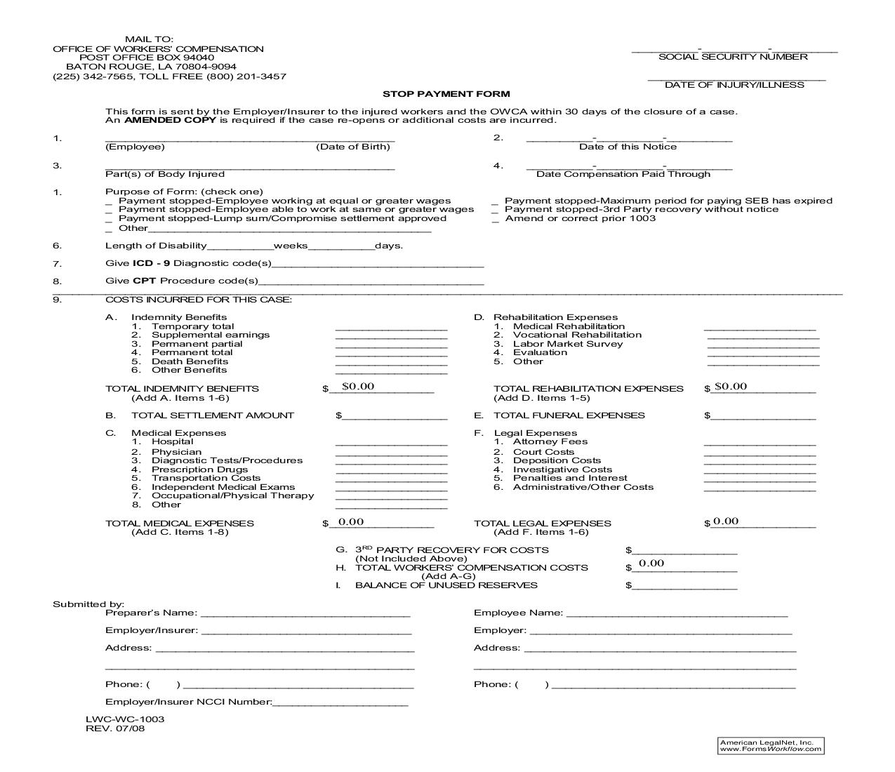 Stop Payment Form {WC-1003} | Pdf Fpdf Doc Docx | Louisiana