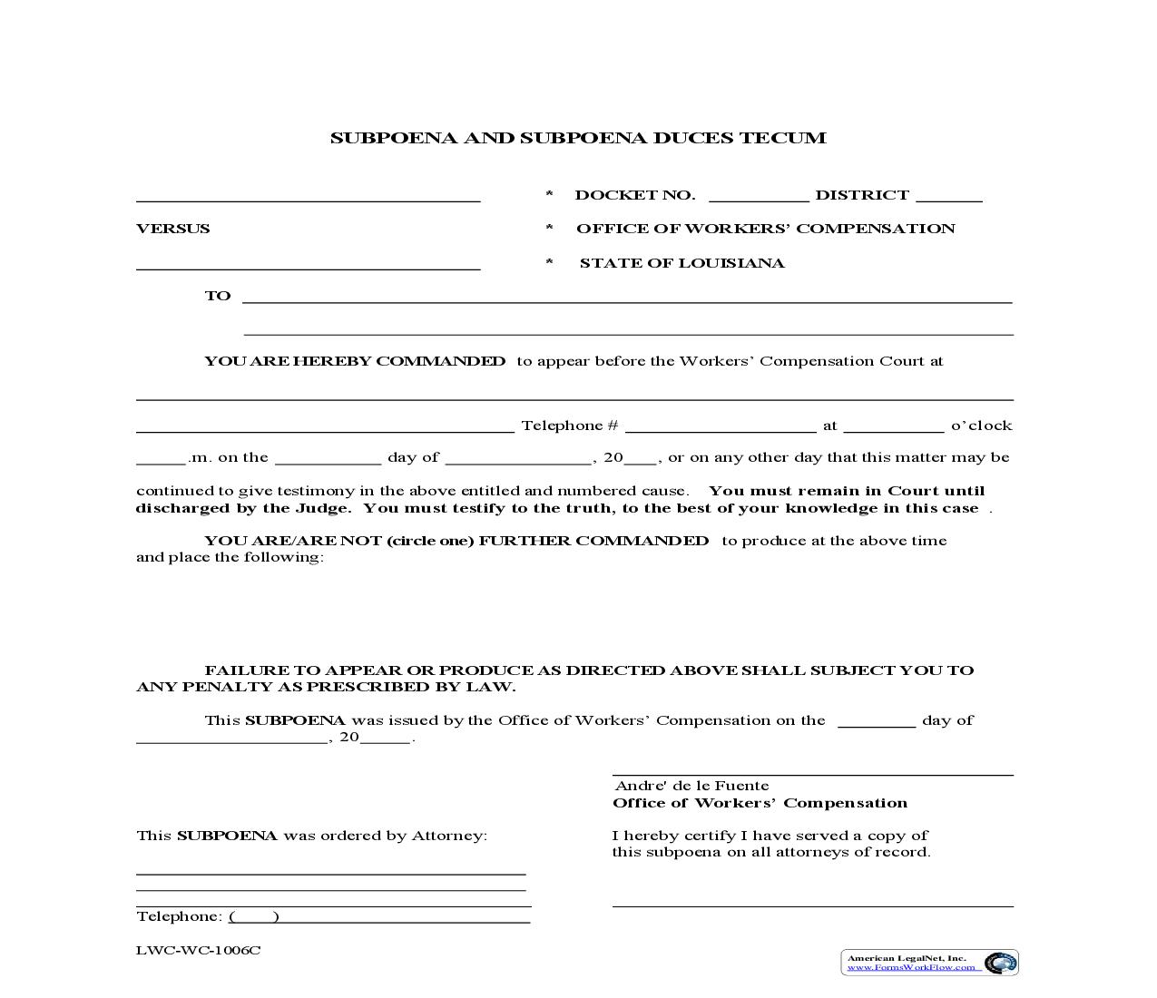 Subpoena And Subpoena Duces Tecum {WC-1006C} | Pdf Fpdf Doc Docx | Louisiana
