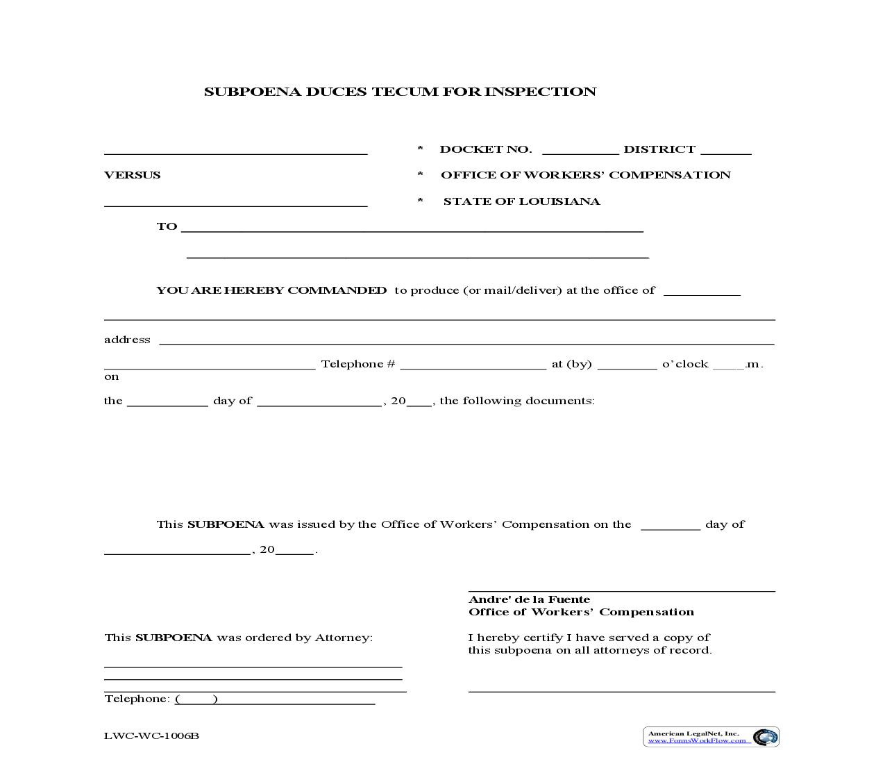 Subpoena Duces Tecum For Inspection {WC-1006B} | Pdf Fpdf Doc Docx | Louisiana