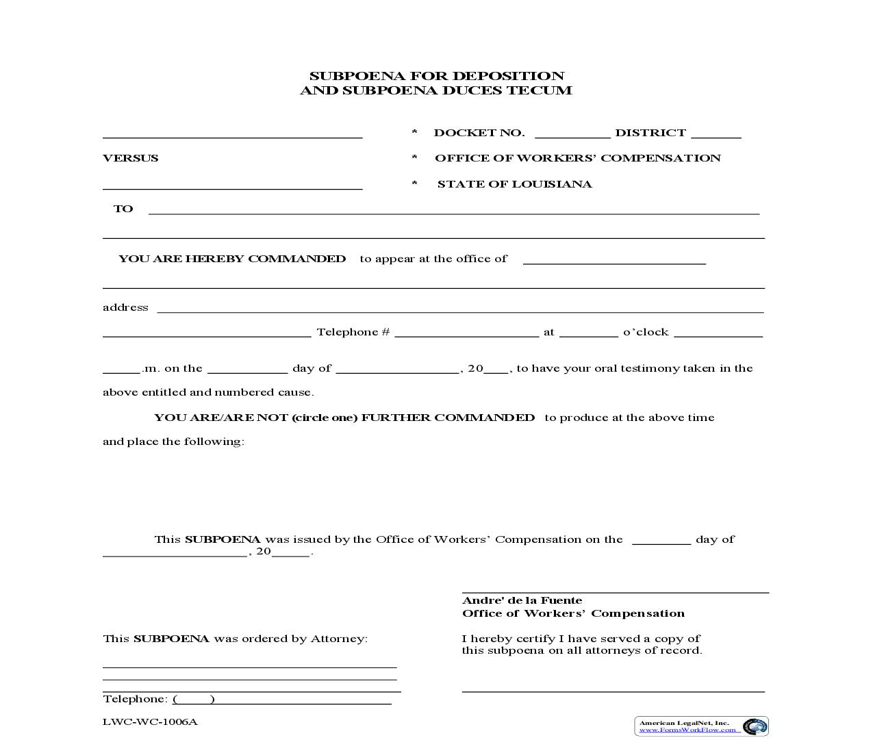 Subpoena For Deposition And Subpoena Duces Tecum {WC-1006A} | Pdf Fpdf Doc Docx | Louisiana