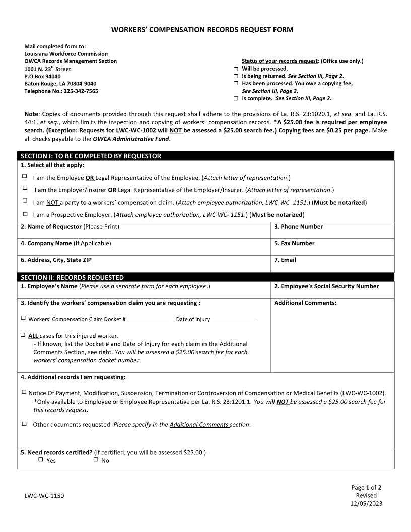 WC Records Request Form {WC-1150} | Pdf Fpdf Docx | Louisiana