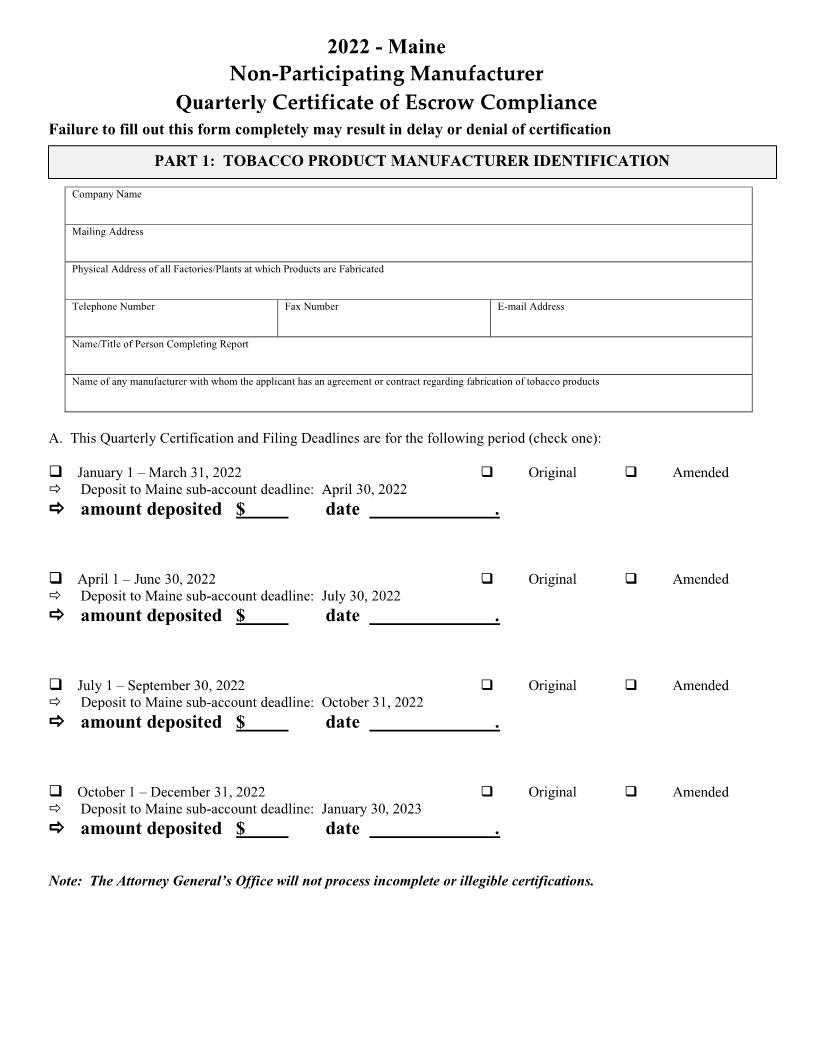 NPM Quarterly Certificate Of Escrow Compliance | Pdf Fpdf Docx | Maine