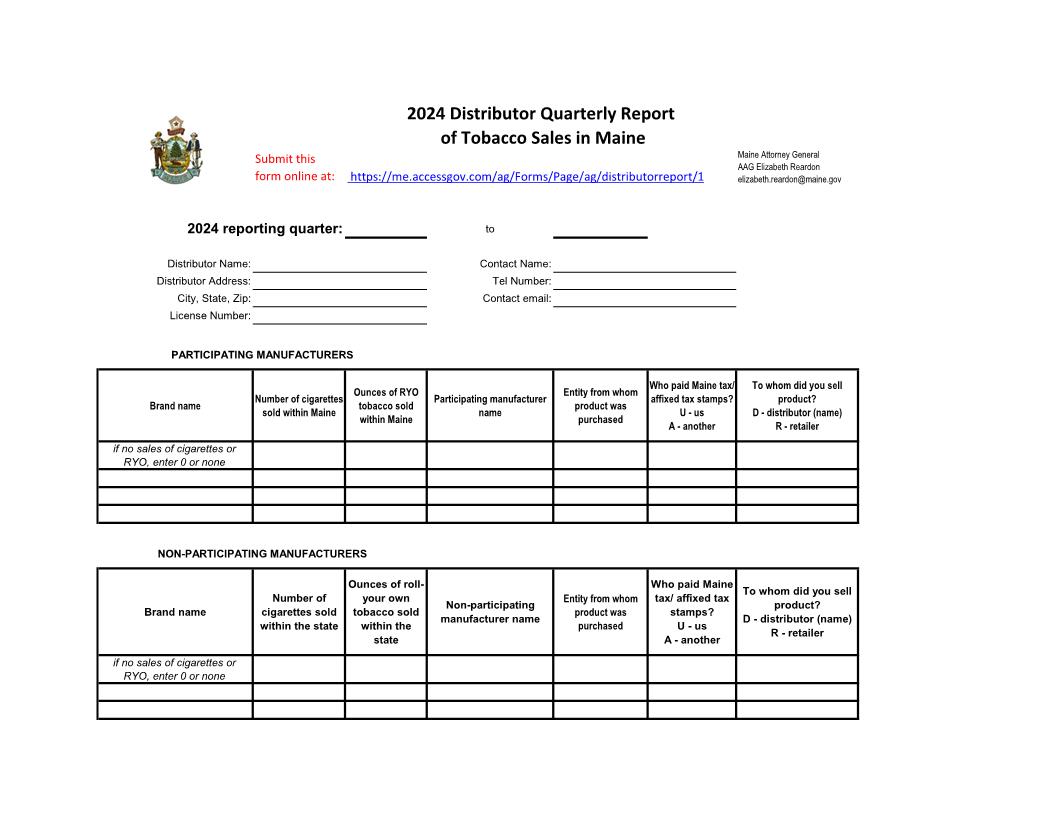 Quarterly Distributor Report Of Tobacco Sales In Maine | Pdf Fpdf Docx | Maine