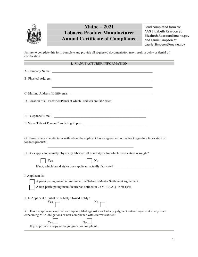 Tobacco Product Manufacturer Annual Certificate Of Compliance | Pdf Fpdf Docx | Maine