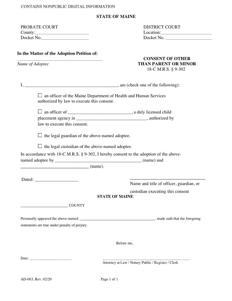 Consent Of Other Than Parent {AD-003} | Pdf Fpdf Doc Docx | Maine