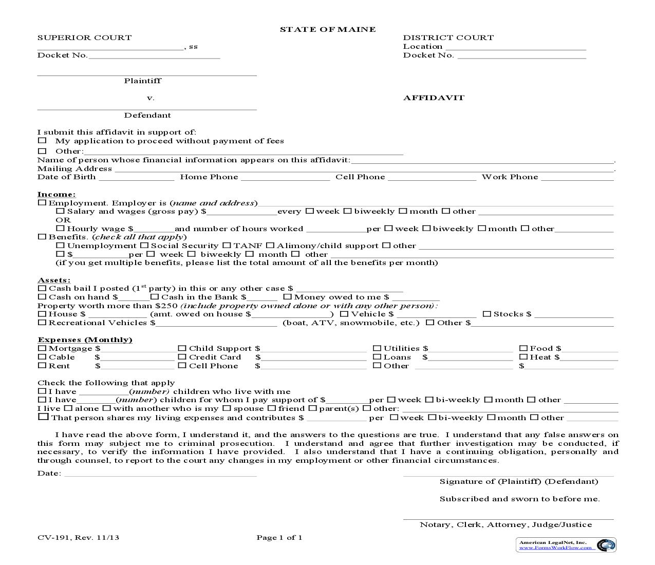 Affidavit {CV-191} | Pdf Fpdf Doc Docx | Maine