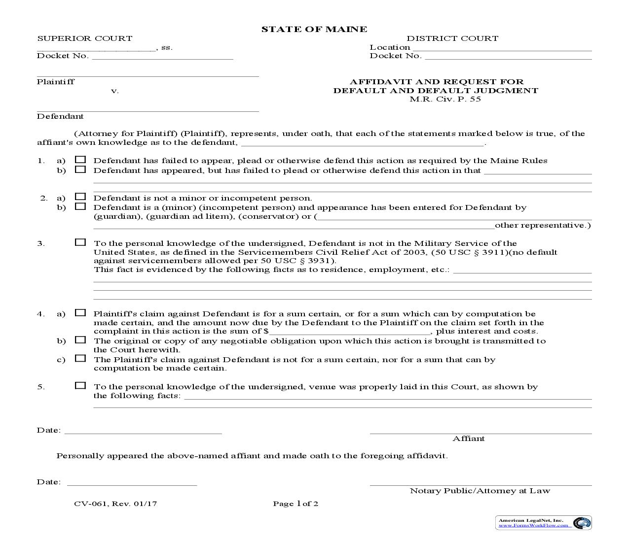 Affidavit And Request For Default And Default Judgment {CV-061} | Pdf Fpdf Doc Docx | Maine