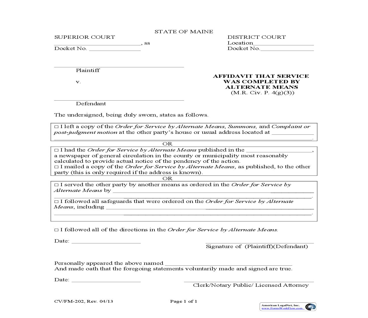Affidavit Of Service By Alternate Means {CV-FM-202} | Pdf Fpdf Doc Docx | Maine