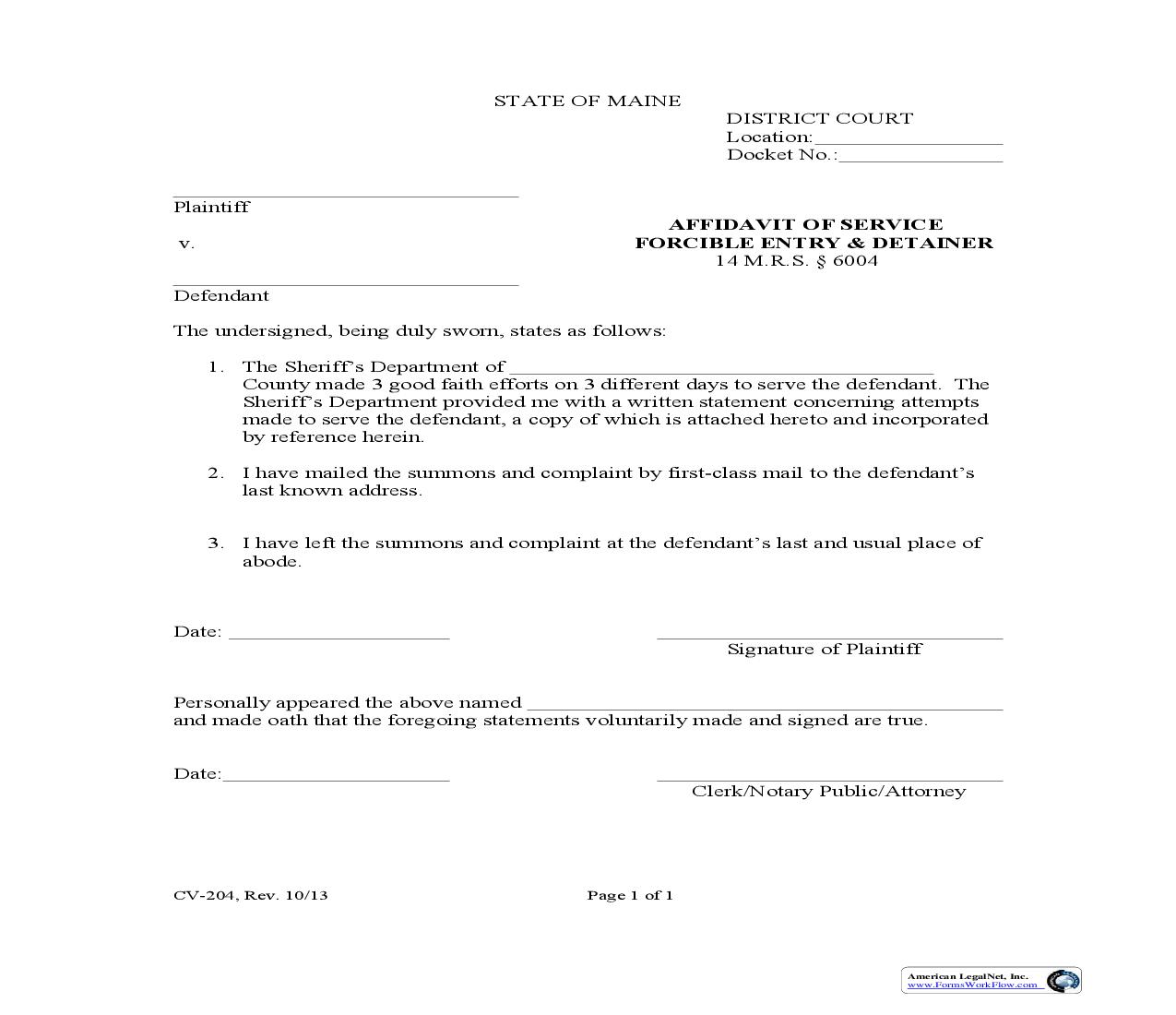 Affidavit Of Service Forcible Entry And Detainer {CV-204} | Pdf Fpdf Doc Docx | Maine